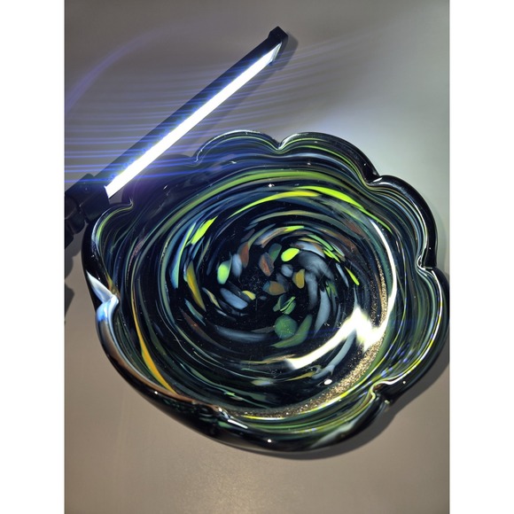 Murano Art Glass Bowl Black Swirl Aventurine Confetti Scalloped Rim 6" - Picture 3 of 8